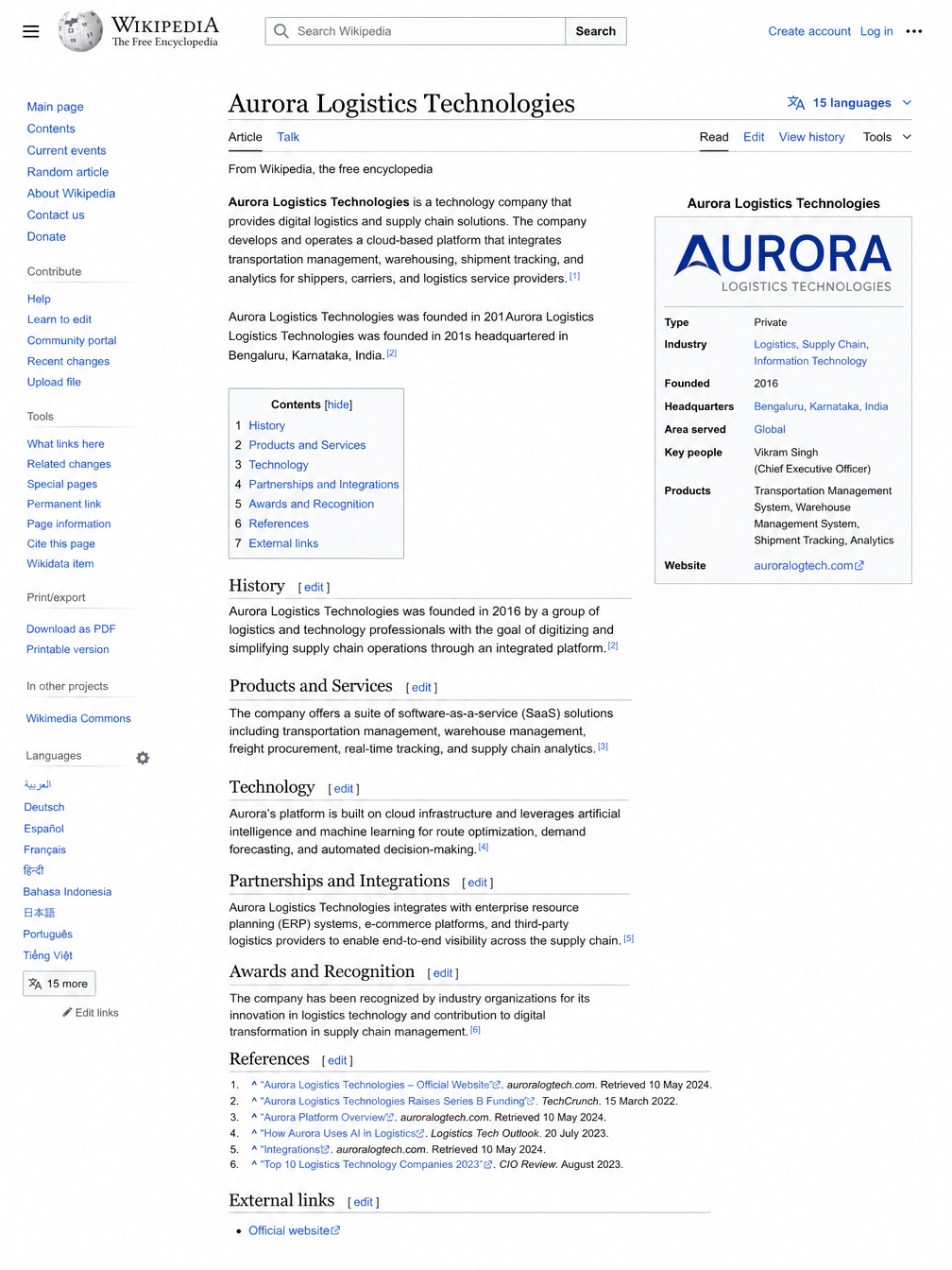 Aurora Logistics Technologies Wikipedia page
