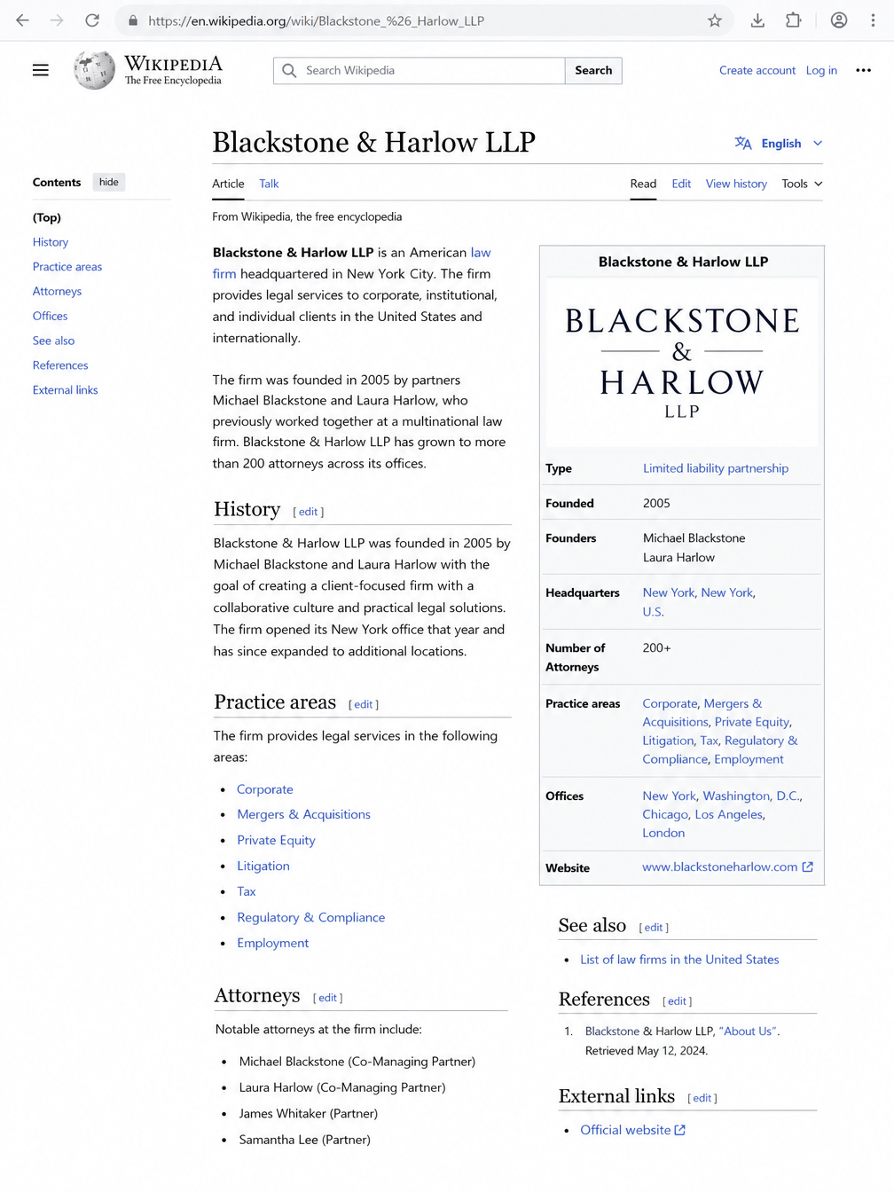 Blackstone & Harlow LLP Wikipedia page
