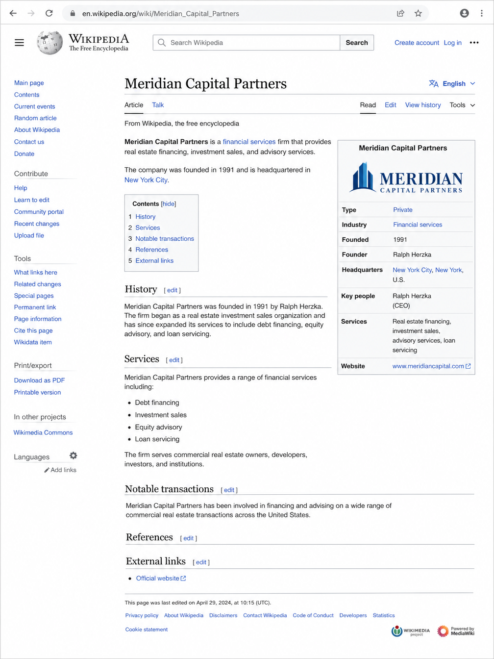 Meridian Capital Partners Wikipedia page